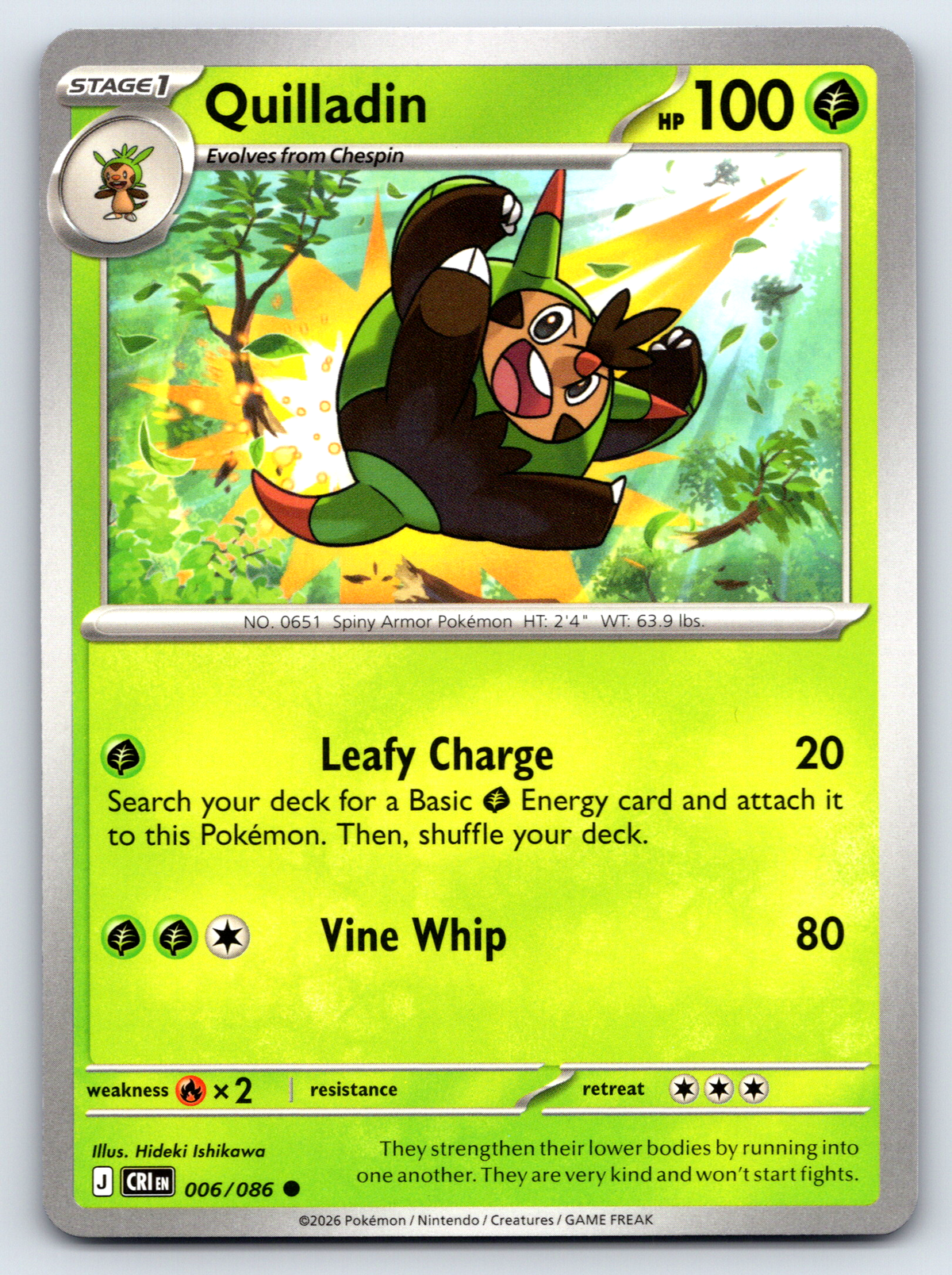 Pokémon Trading Card Game Mega Evolution Chaos Rising CRI 006/086 Quilladin