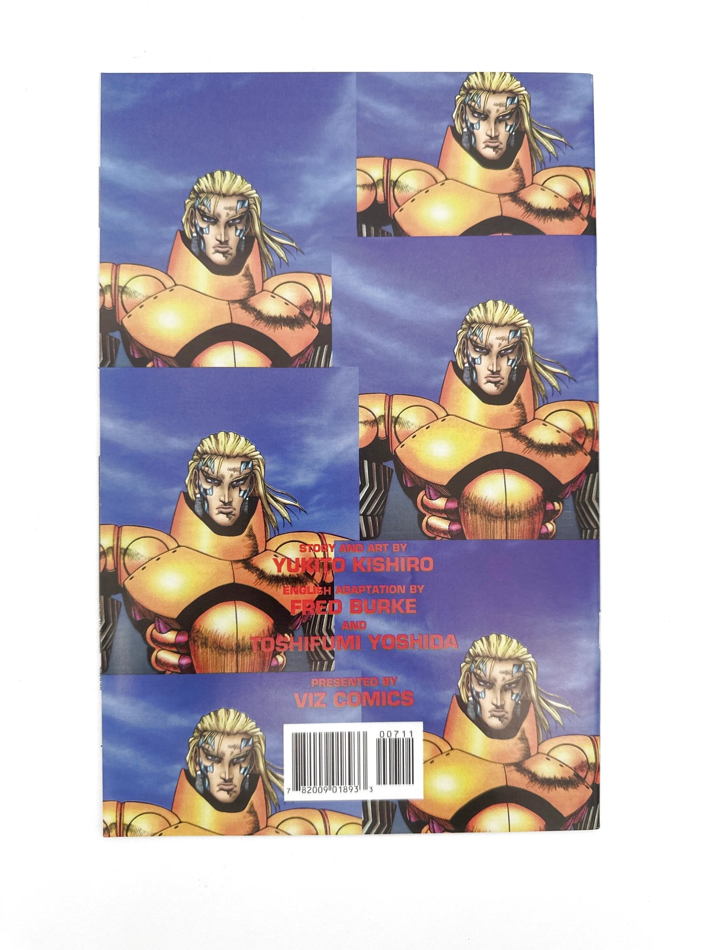 A comic book with a repeating image of a blonde, armored character on a blue background.