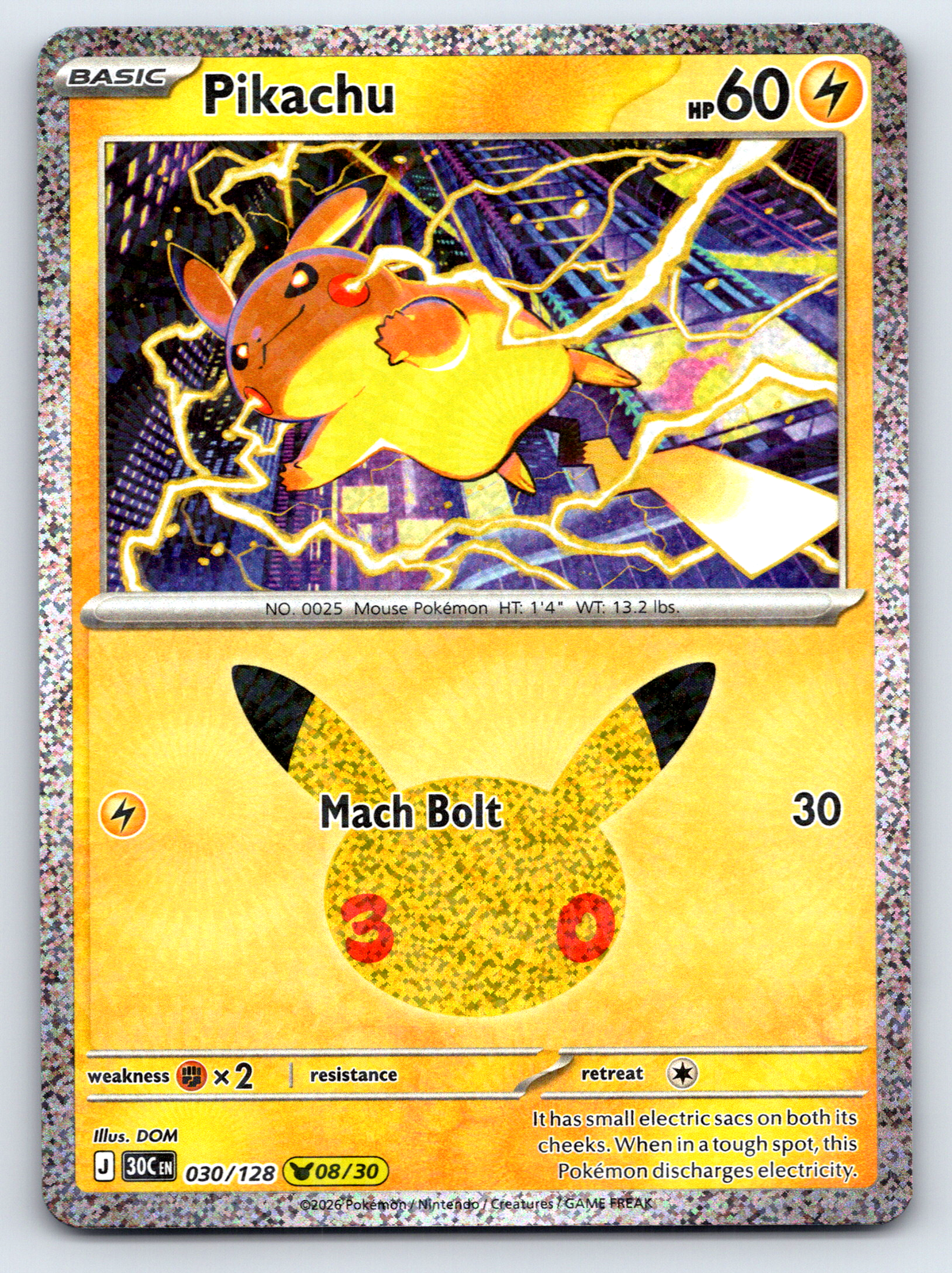 Pokémon Trading Card Game 30th Celebration 30C 030/128 Pikachu 08/30