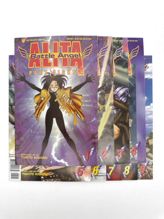 A collection of ’Alita: Battle Angel’ comic books, numbered 1 through 9