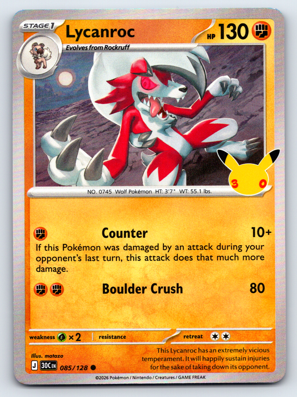 Pokémon Trading Card Game 30th Celebration 30C 085/128 Lycanroc