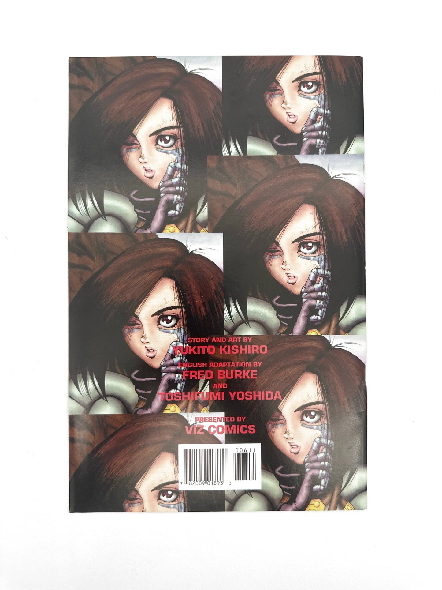 Manga comic book with a repeating image of a female character with dark hair and a cybernetic arm.