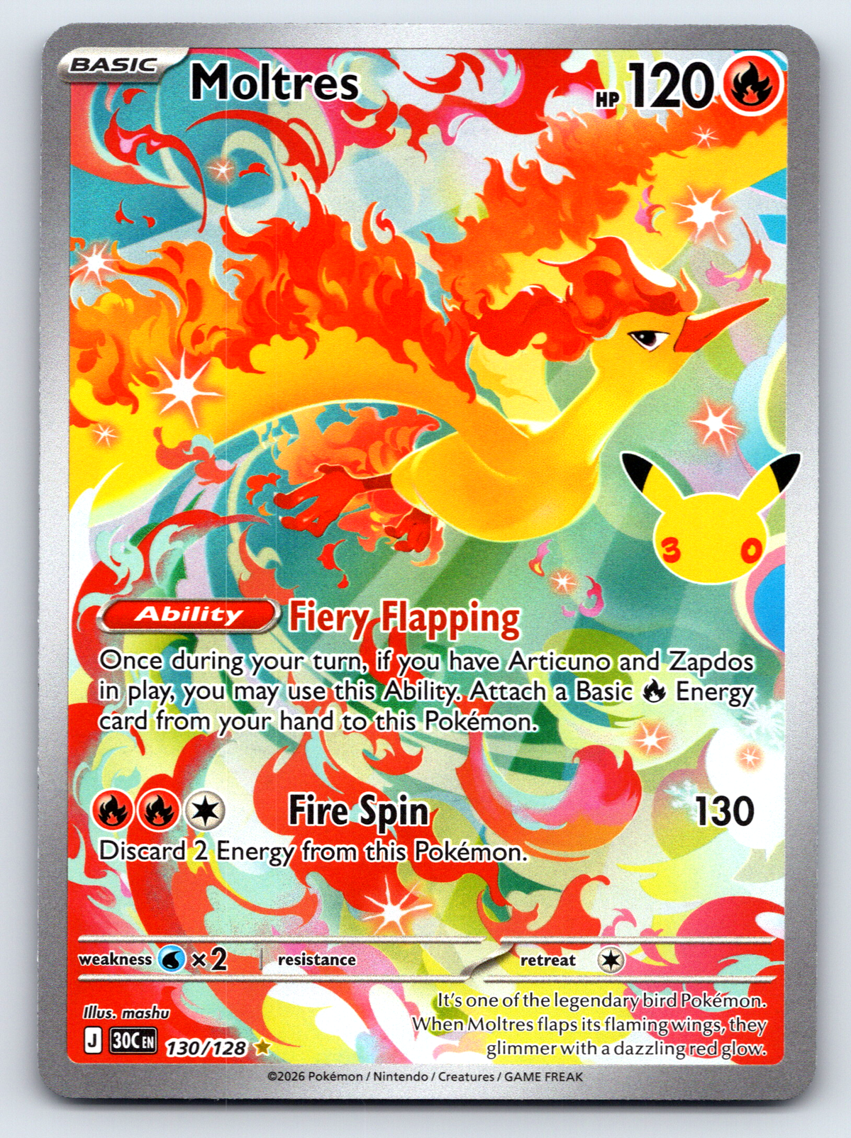 Pokémon Trading Card Game 30th Celebration 30C 130/128 Moltres Illustration Rare