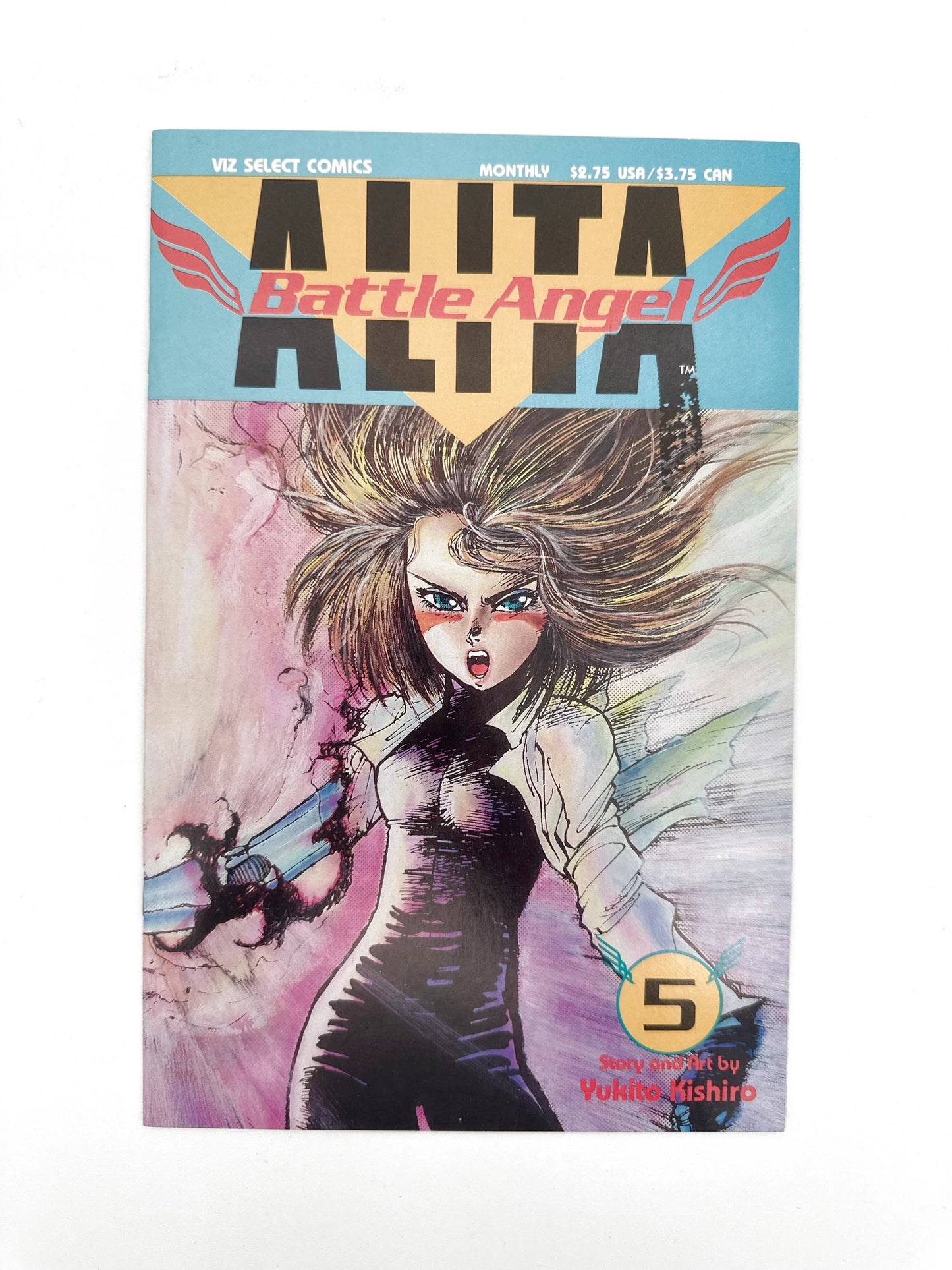 A comic book with a vibrant cover featuring a female character with wild hair and a determined expression, holding a blade-like weapon