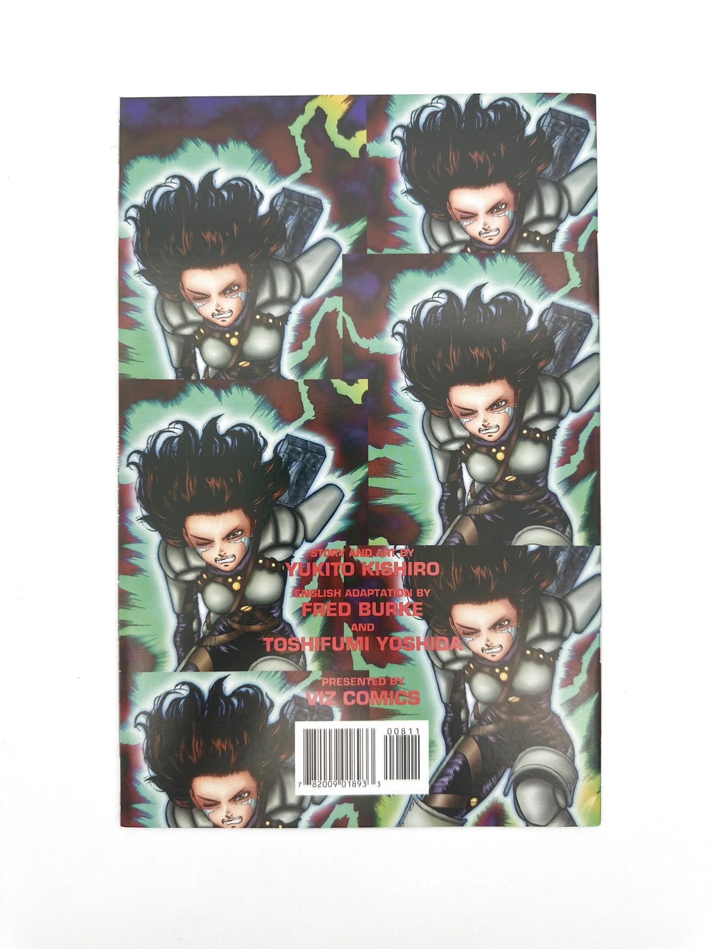 Manga comic book with a repeating graphic of a dark-haired character in armor.