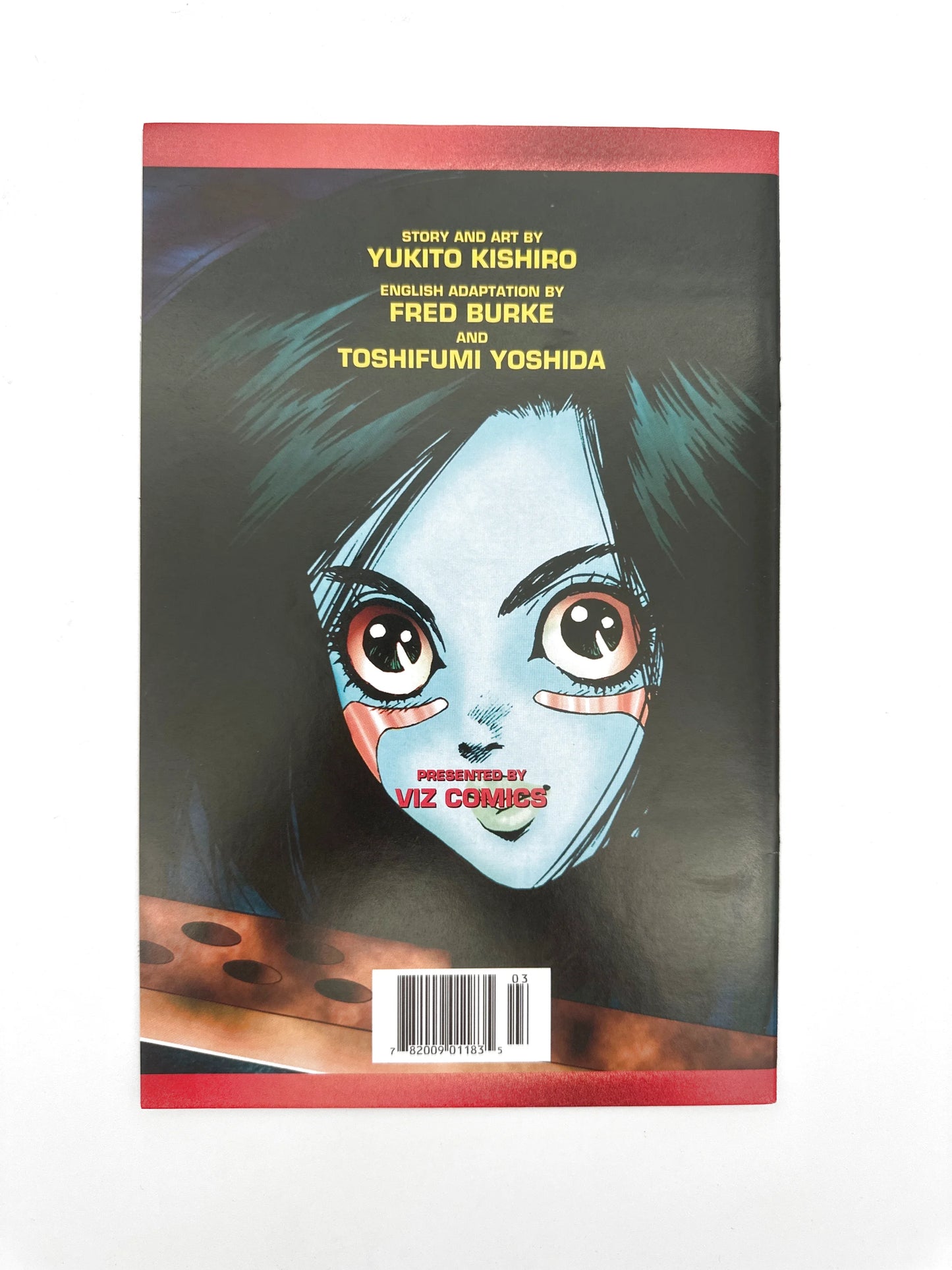 Back cover of a graphic novel featuring a blue-skinned character.