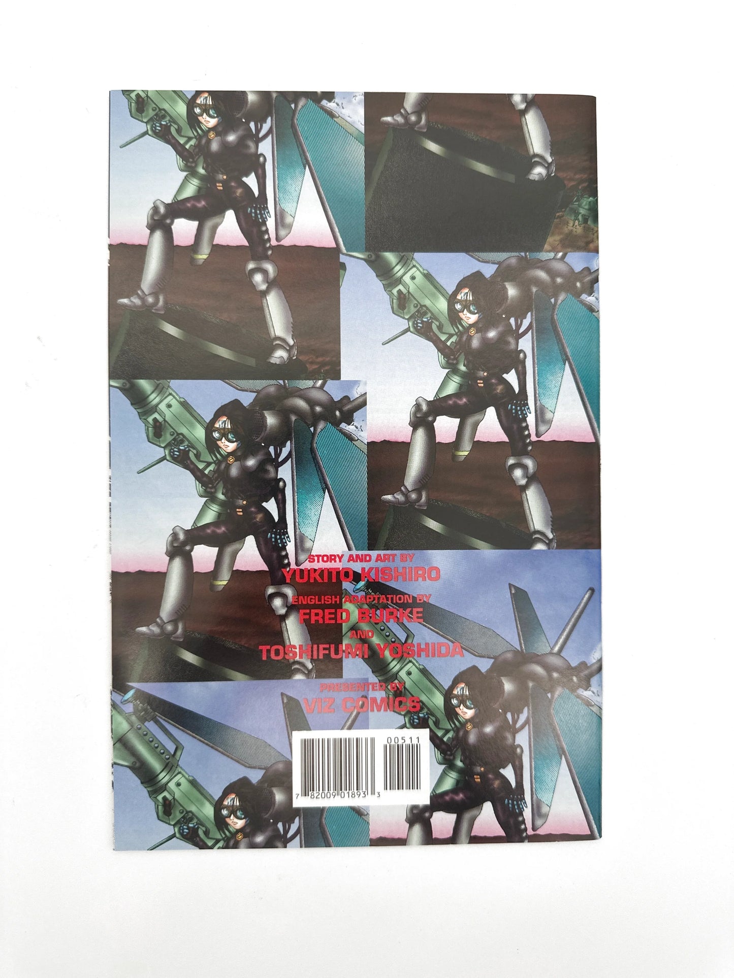 The back cover of a comic book featuring a character in a black suit with mechanical legs and a weapon.