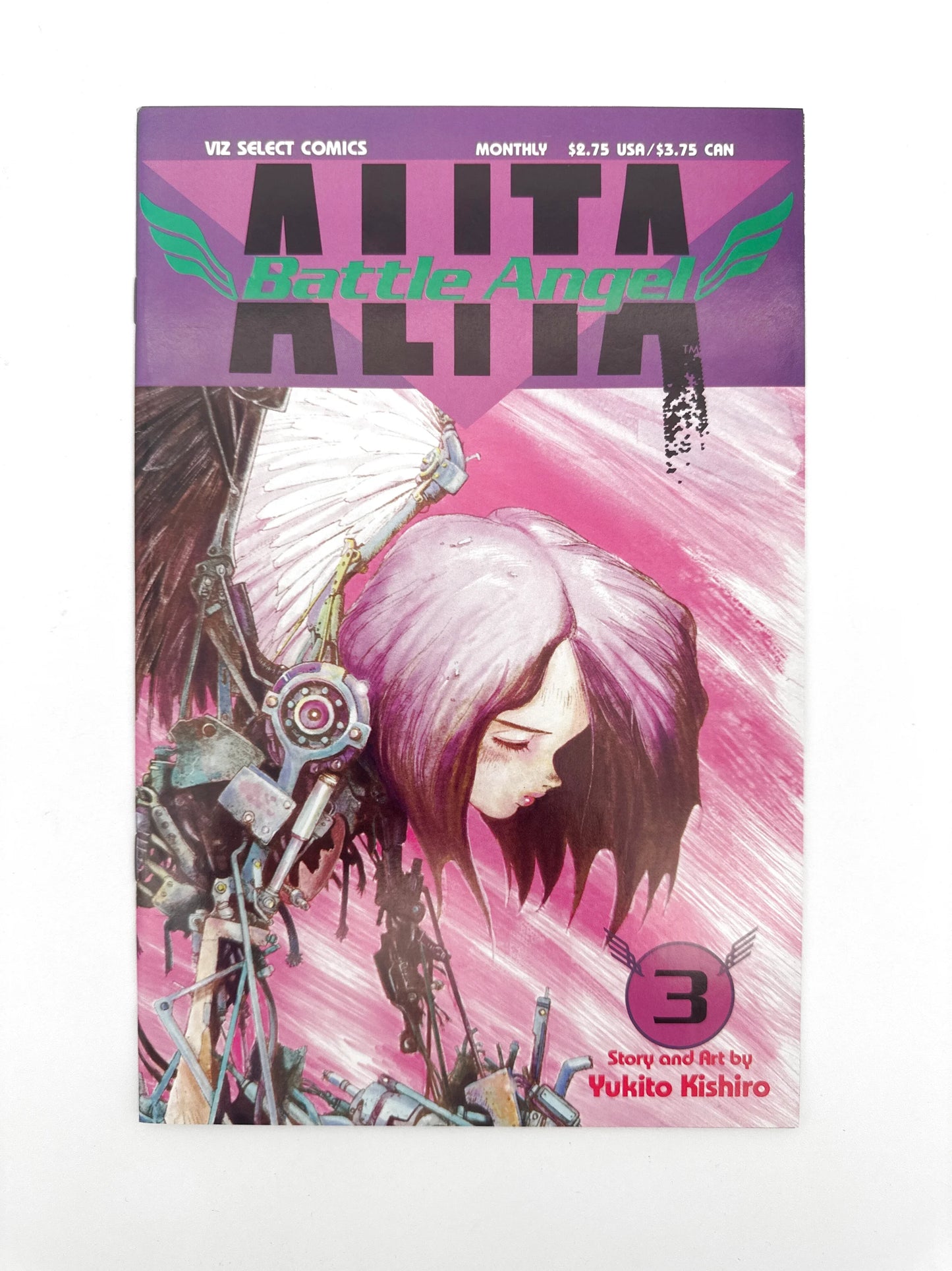 A manga comic book with a purple and pink cover featuring a character with purple hair and cybernetic enhancements