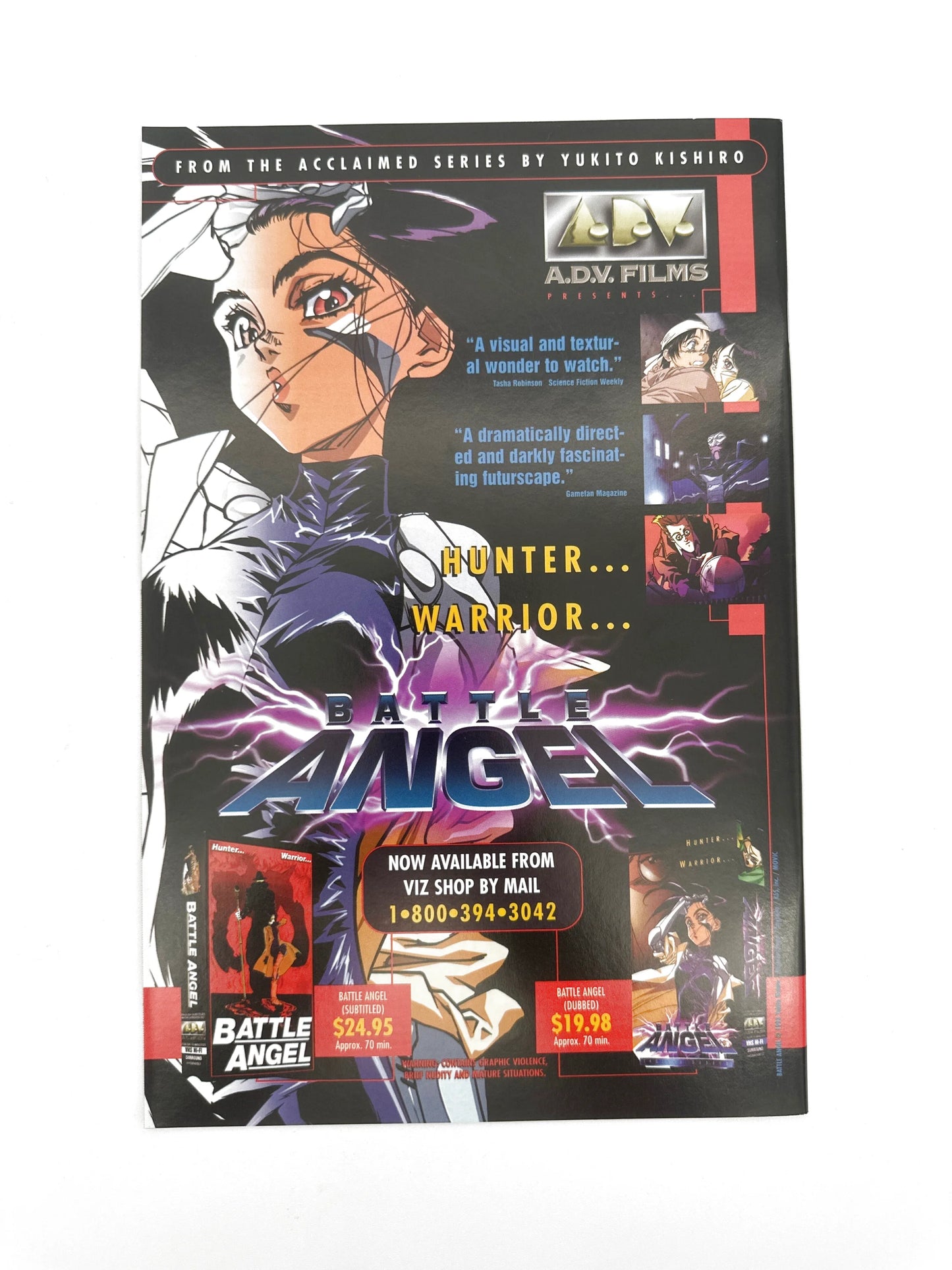 A vintage advertisement for the anime series ’Battle Angel,’ featuring the protagonist, release details, and pricing