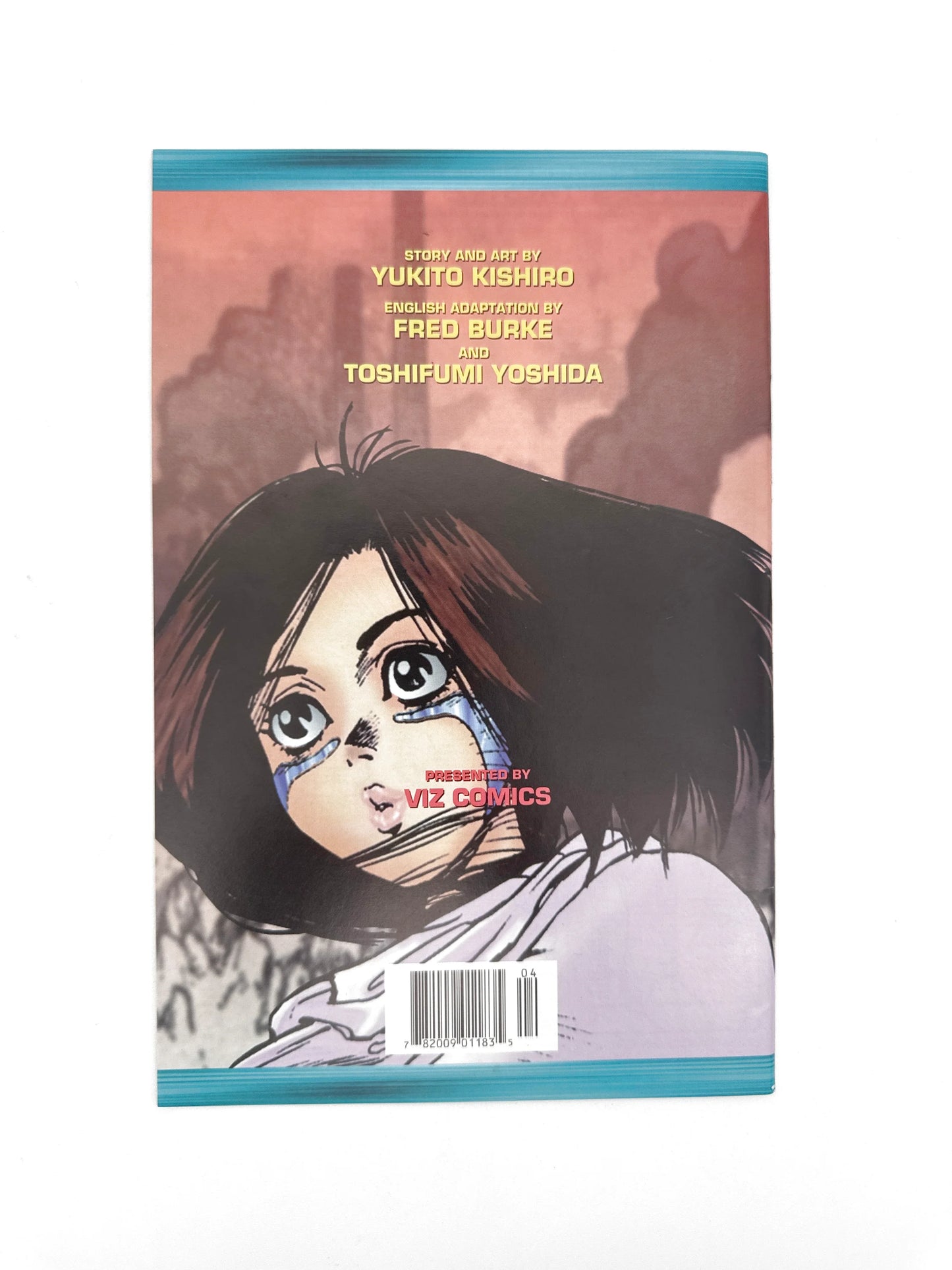 Back cover of a manga comic book featuring a character with short dark hair and blue markings on her face.