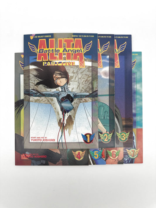 A collection of manga volumes, specifically ’Battle Angel Alita,’ numbered 1 through 6