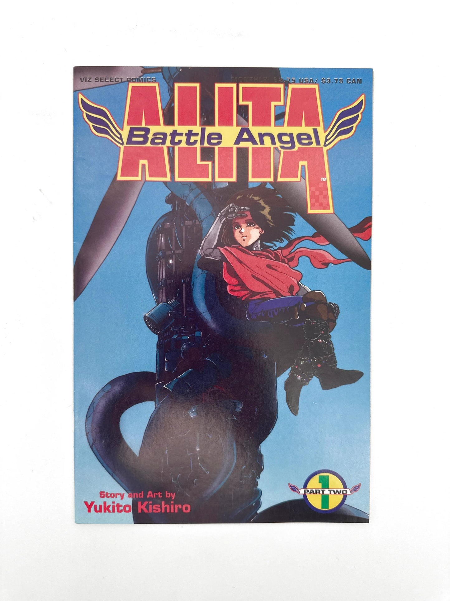 Manga comic book with a blue sky background and a character in red and black attire.