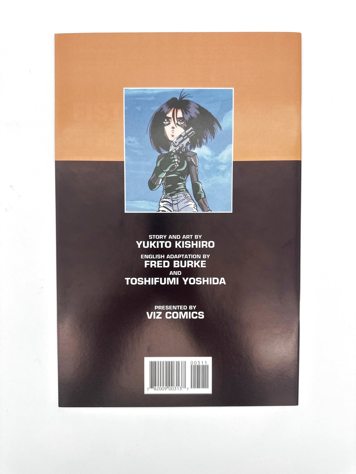 The back cover of a manga volume, featuring artwork of Alita (Gally) and production credits