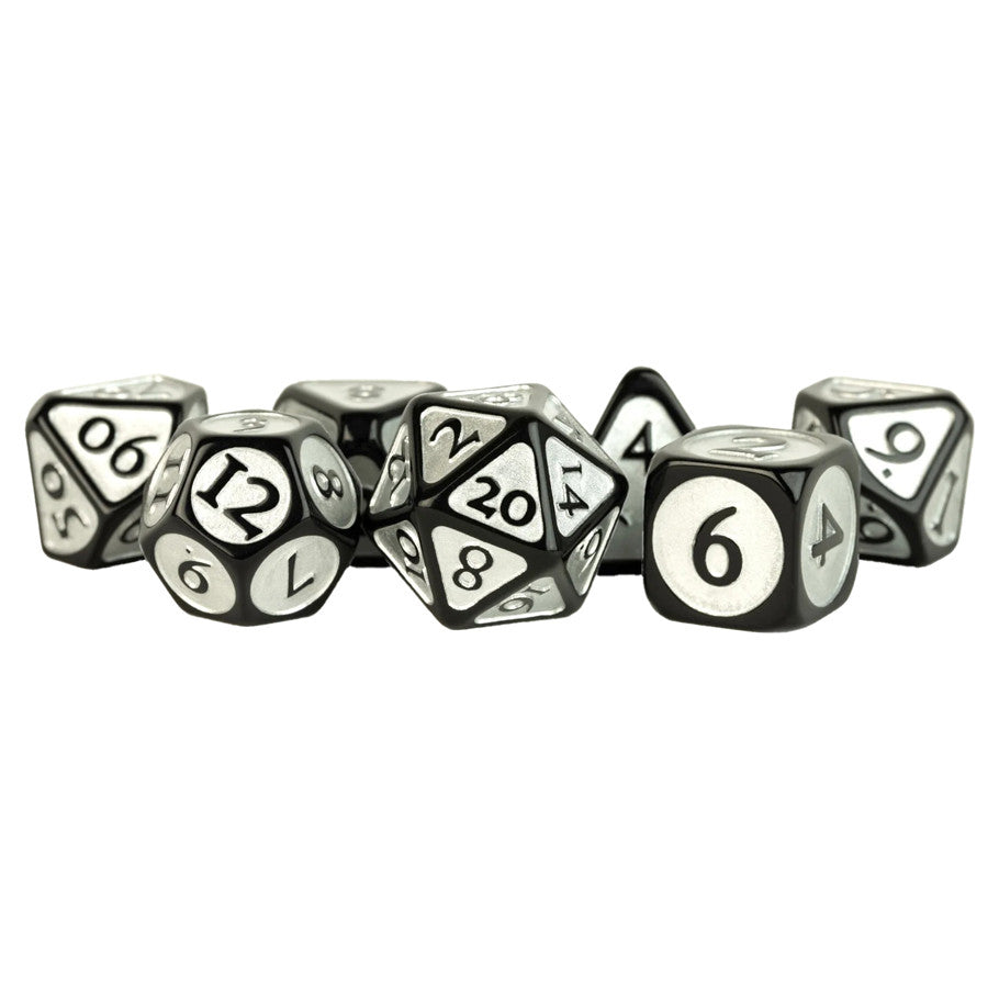 Acrylic 16mm Polyhedral RPG Dice Set – Black with Silver Enamel (7-Piece Set)