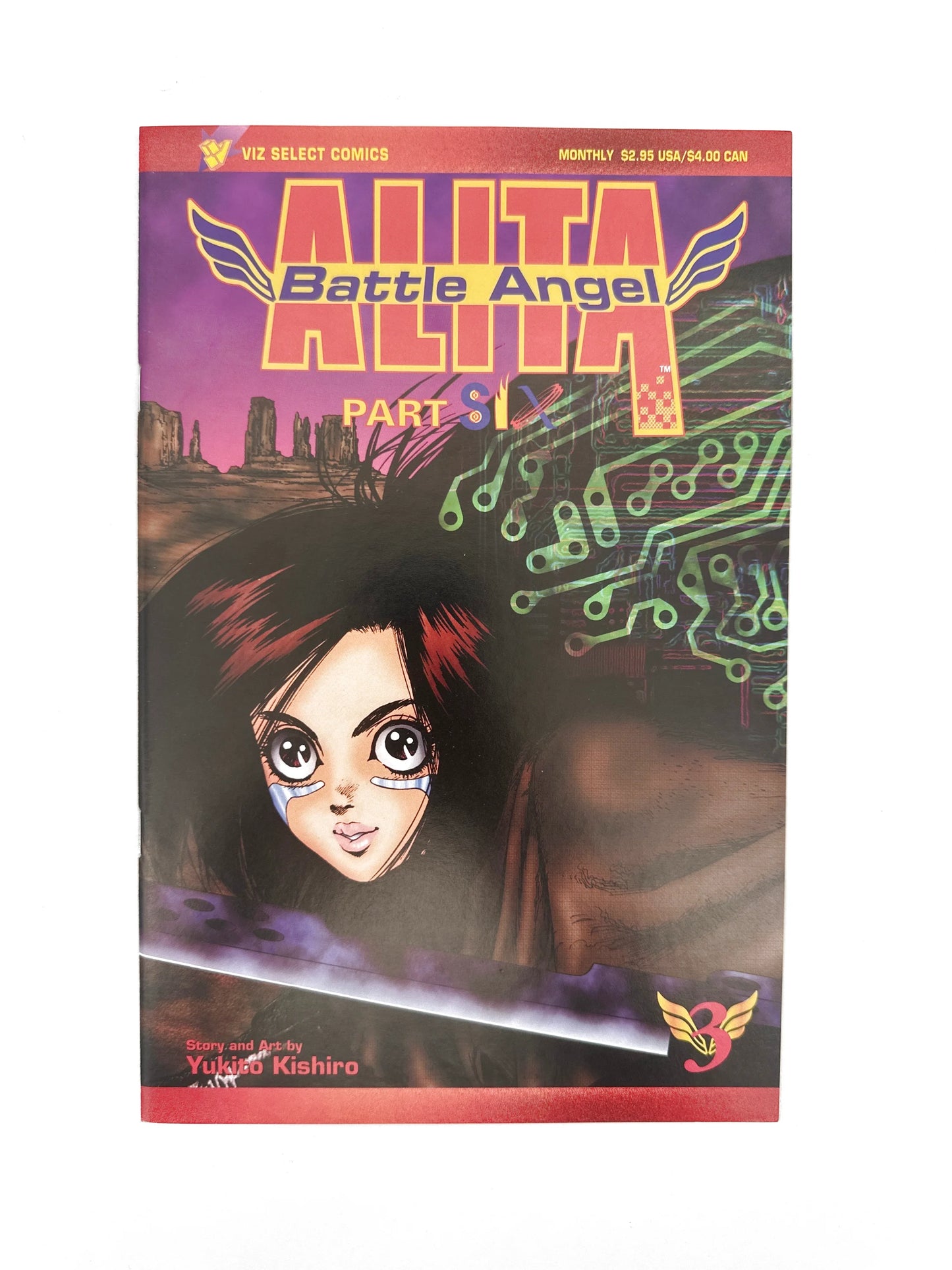 A vibrant, futuristic comic book cover featuring a female cyborg character with large eyes and dark hair, set against a desert landscape and circuit board pattern.