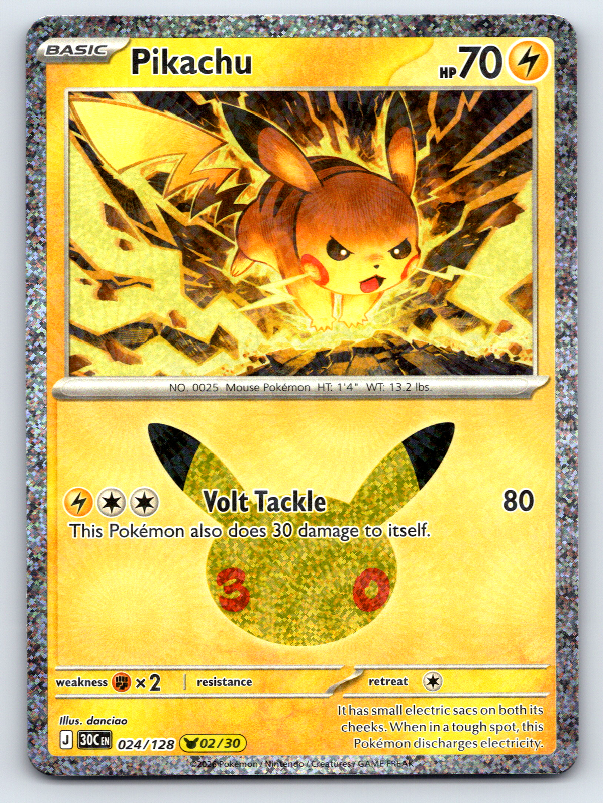 Pokémon Trading Card Game 30th Celebration 30C 024/128 Pikachu 02/30