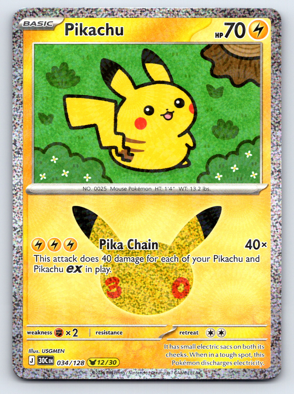 Pokémon Trading Card Game 30th Celebration 30C 034/128 Pikachu 12/30
