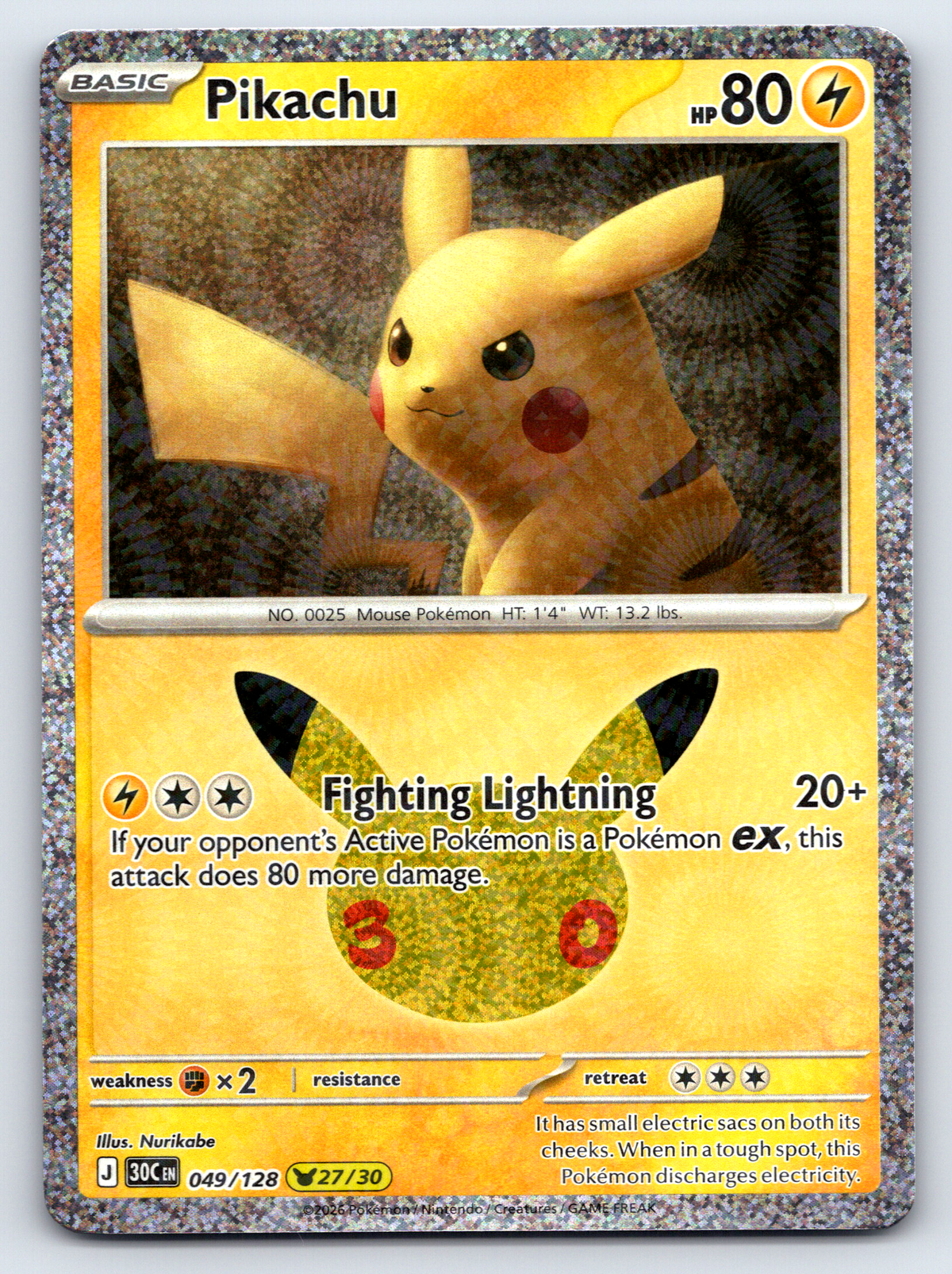 Pokémon Trading Card Game 30th Celebration 30C 049/128 Pikachu 27/30