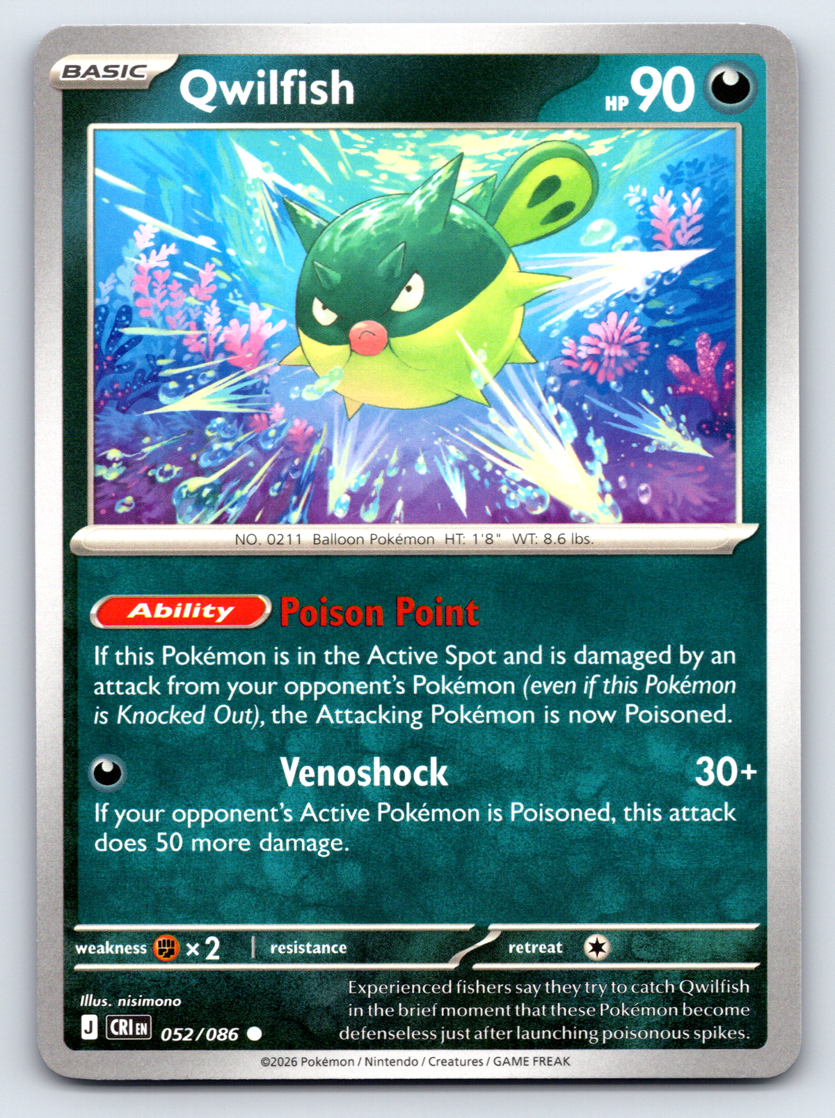 Pokémon Trading Card Game Mega Evolution Chaos Rising CRI 052/086 Qwilfish