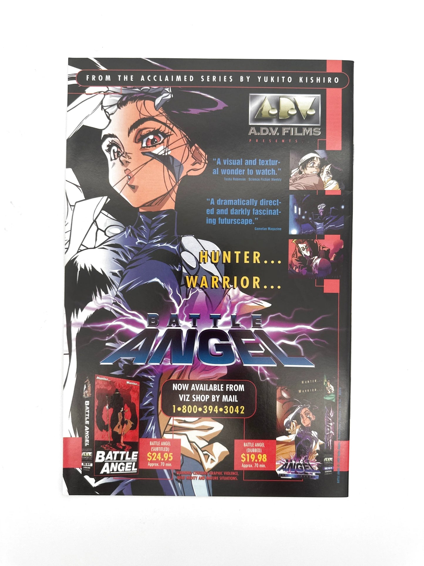 An anime advertisement for ’Battle Angel’ from the acclaimed series by Yukito Kishiro, featuring prices for different formats