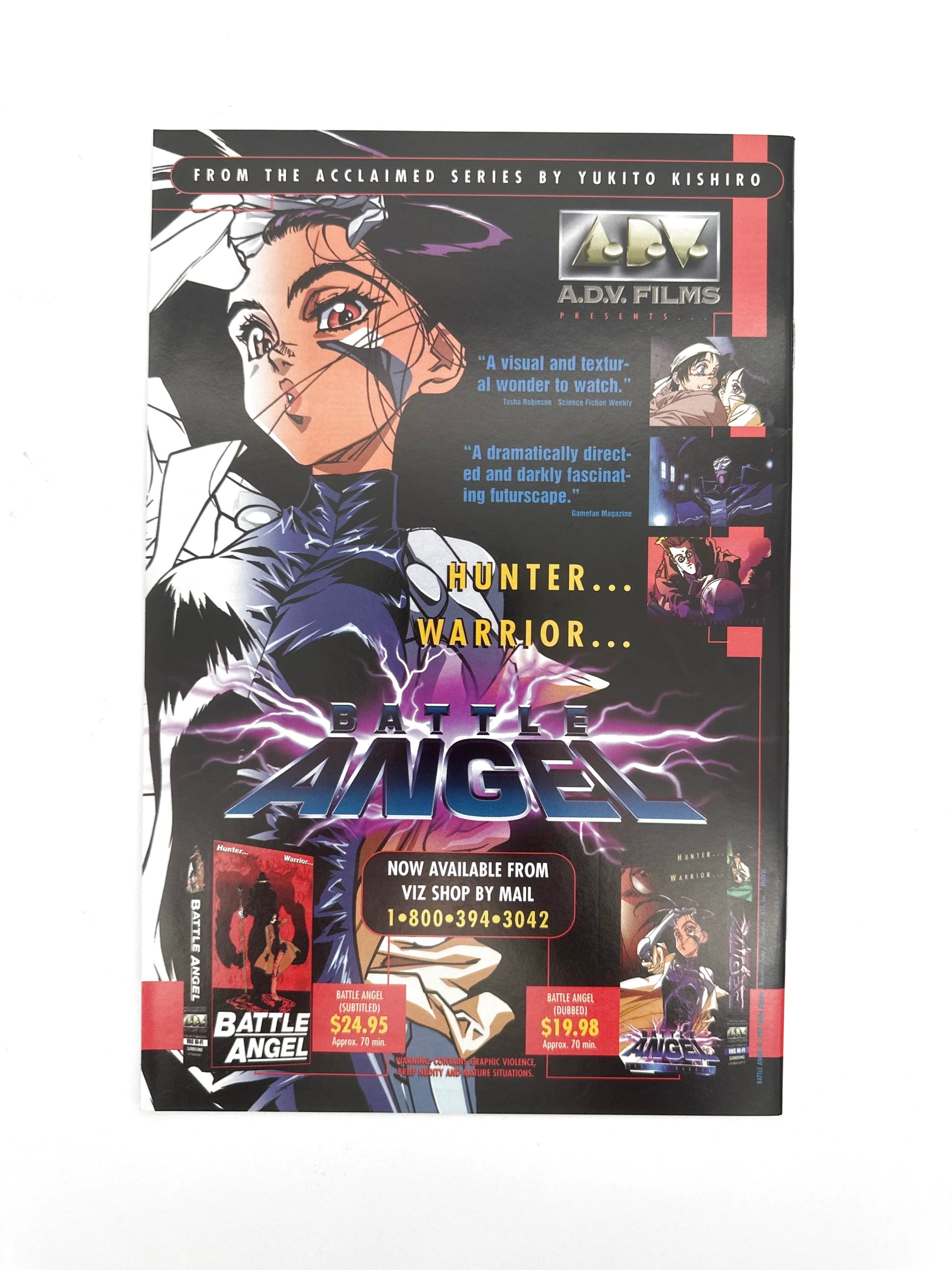 An anime advertisement for ’Battle Angel’ from the acclaimed series by Yukito Kishiro, featuring prices for different formats