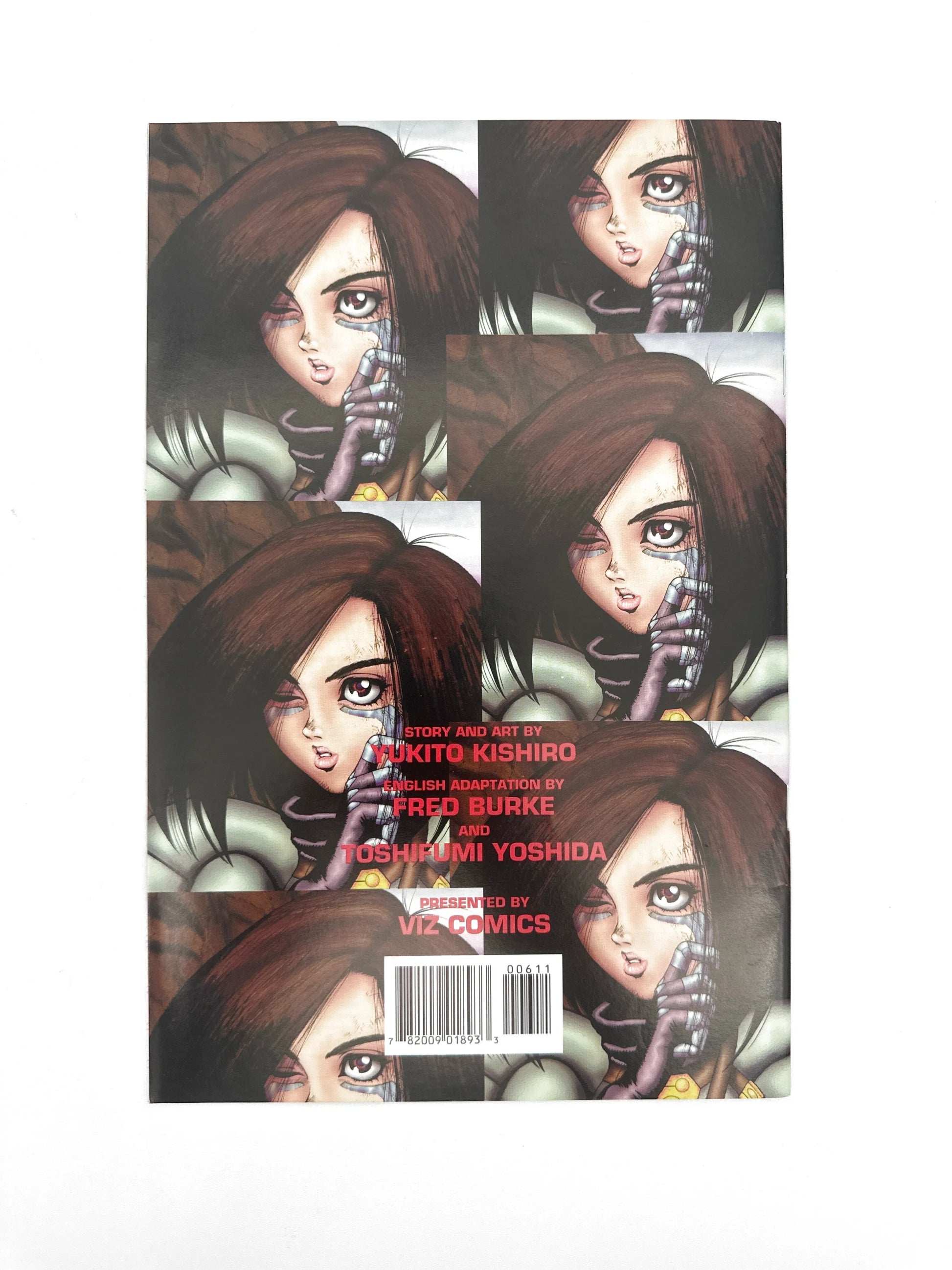 Manga comic book with a repeating image of a female character with dark hair and a cybernetic arm.
