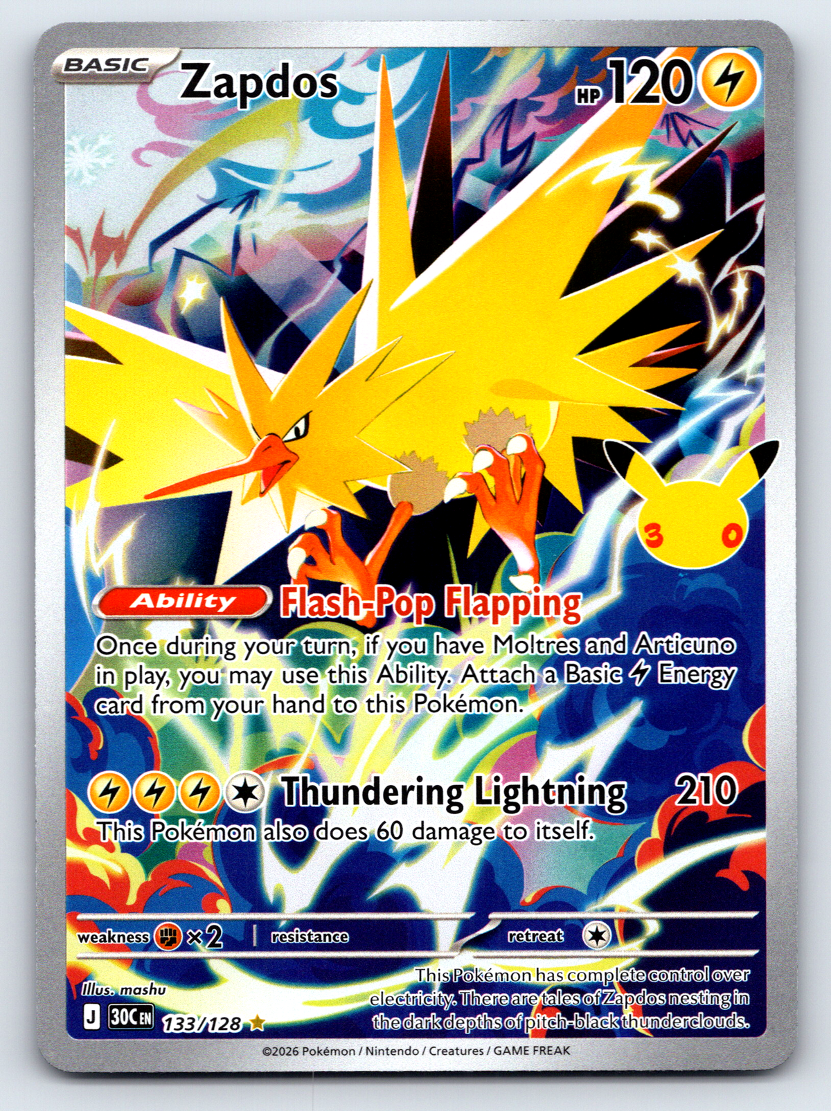 Pokémon Trading Card Game 30th Celebration 30C 133/128 Zapdos Illustration Rare