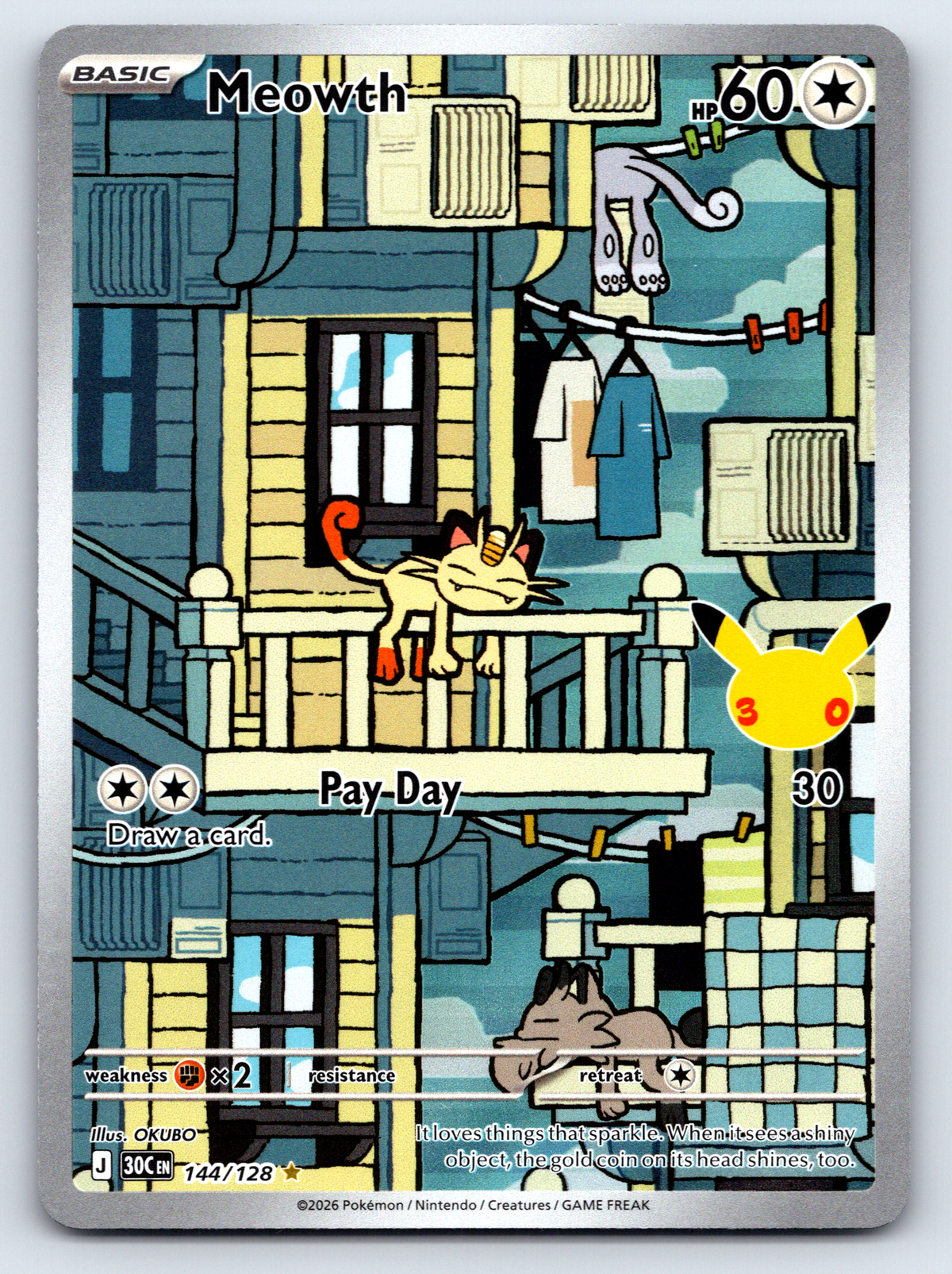 Pokémon Trading Card Game 30th Celebration 30C 144/128 Meowth Illustration Rare