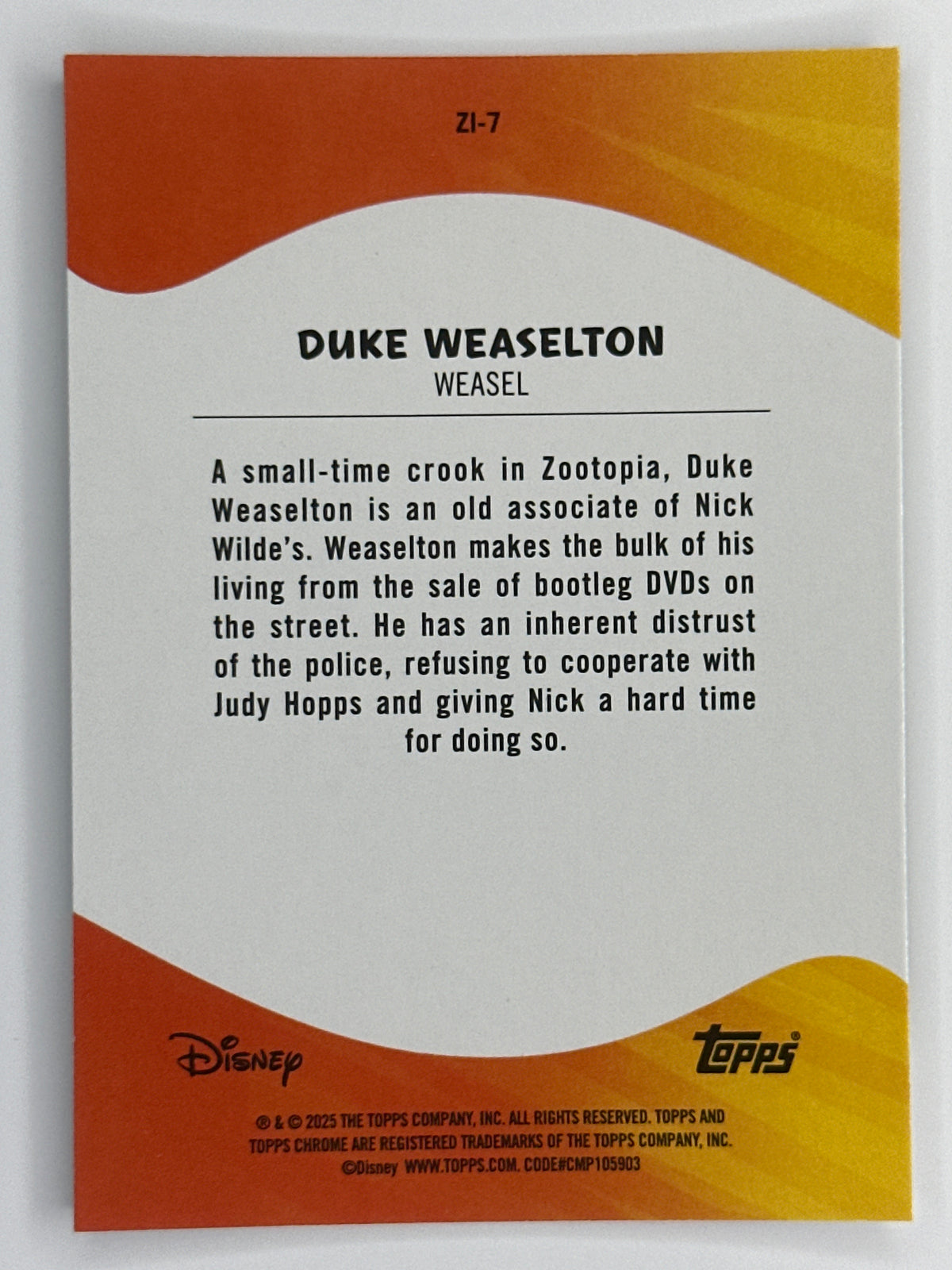 2025 Topps Disney Chrome ZI-7 Duke Weaselton Refractor Card