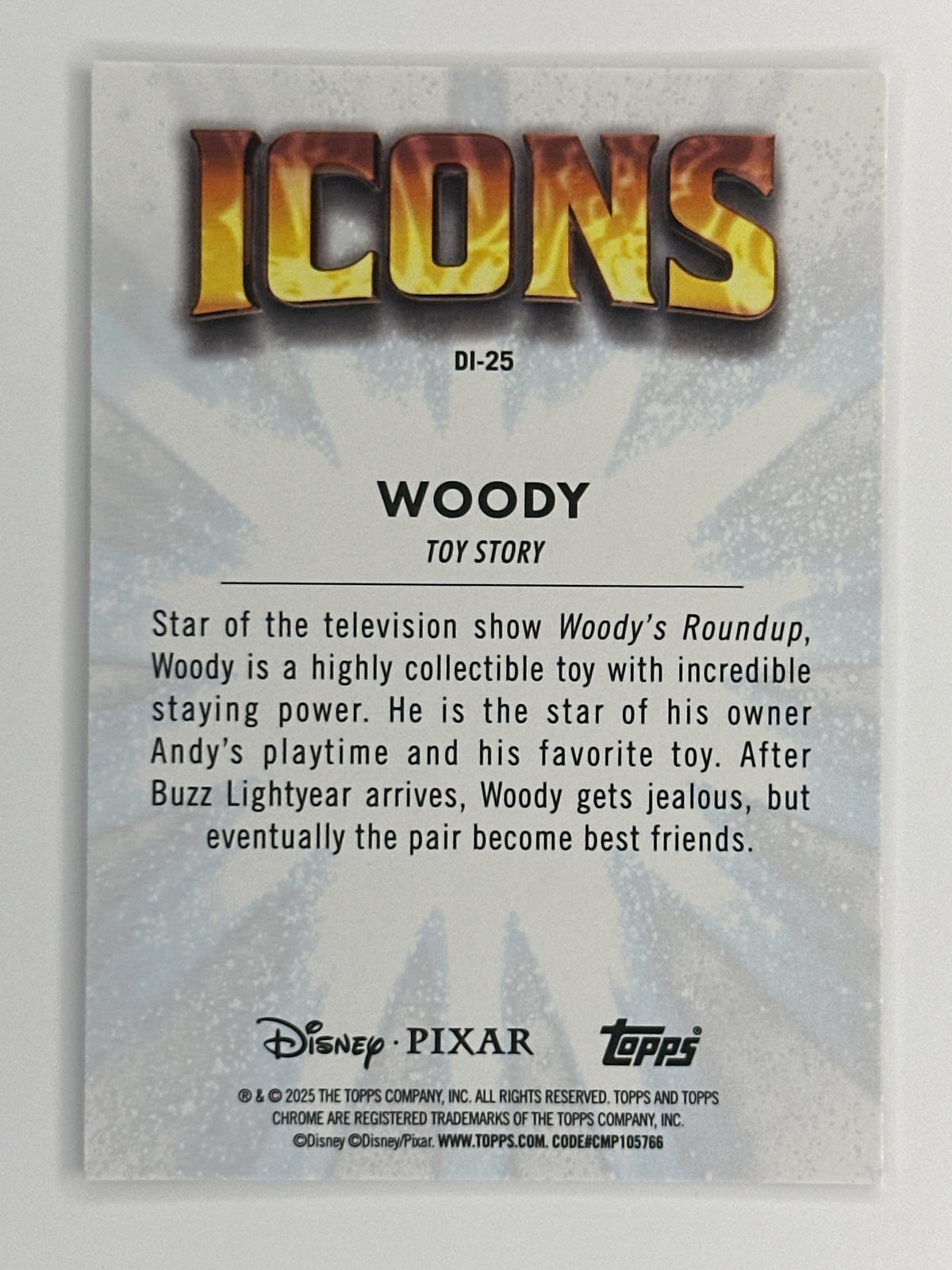 2025 Topps Disney Chrome DI-25 Woody Icons Refractor Card