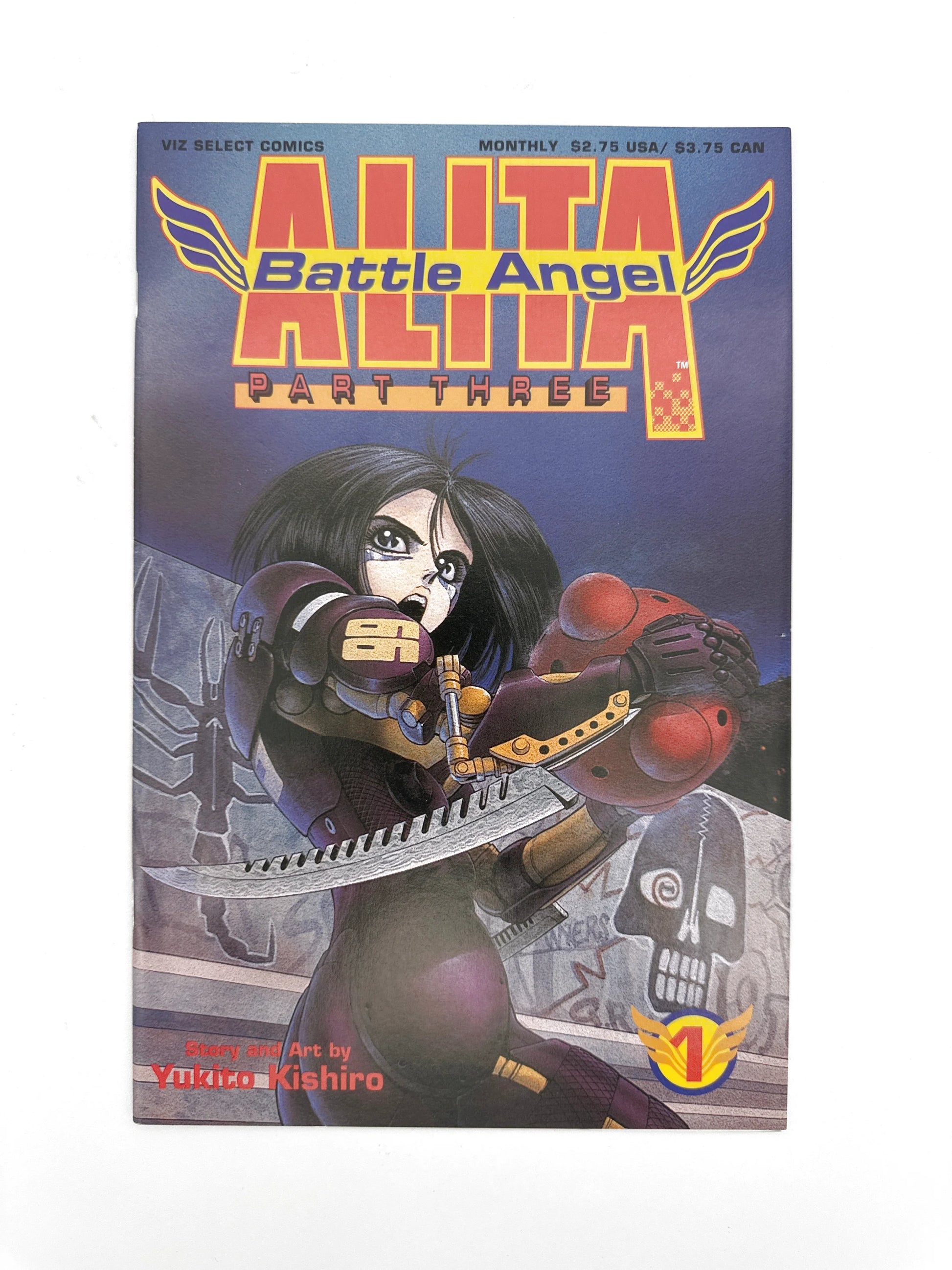 Manga comic book featuring ’Alita: Battle Angel Part Three’ with a character wielding a blade