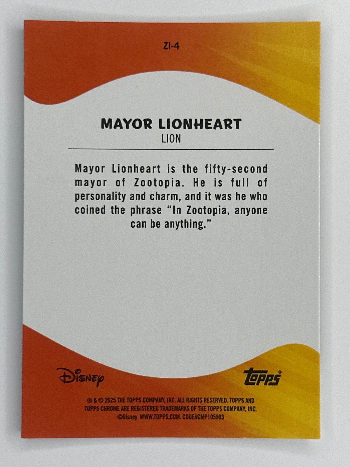 2025 Topps Disney Chrome ZI-4 Mayor Lionheart Zootopia Refractor Card