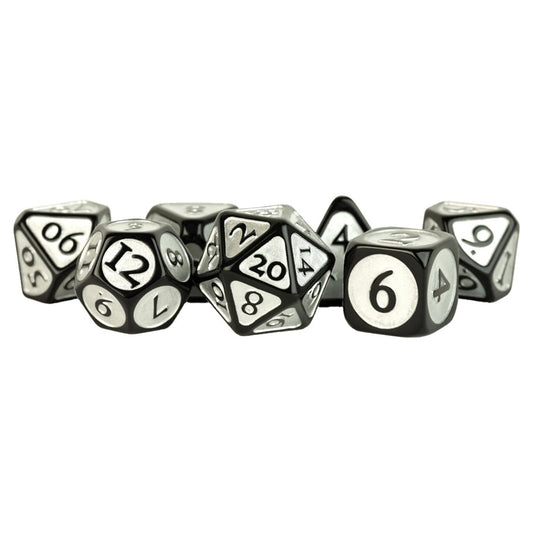 Acrylic 16mm Polyhedral RPG Dice Set – Black with Silver Enamel (7-Piece Set)